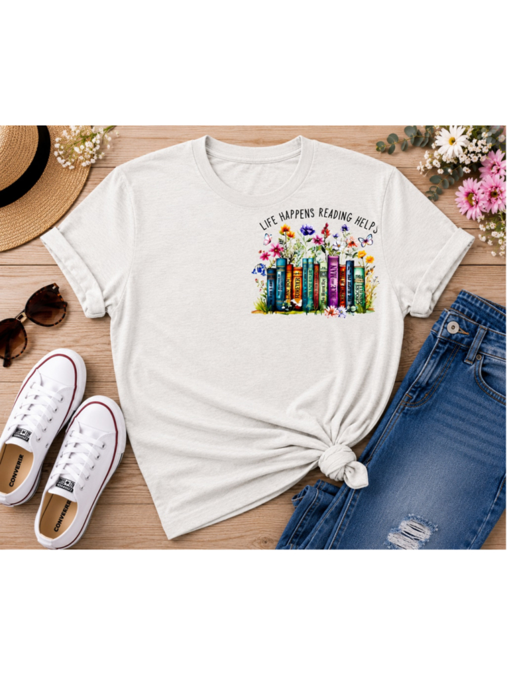 Life Happens Reading Helps Floral Bookstack Graphic Pink Blue Yellow Women Tee